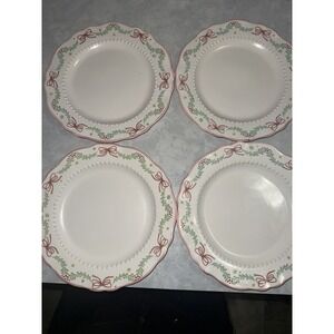 4 Christmas Pink Bows on White Dinner Plates 10.75" Ceramic Holly Hobby Lobby